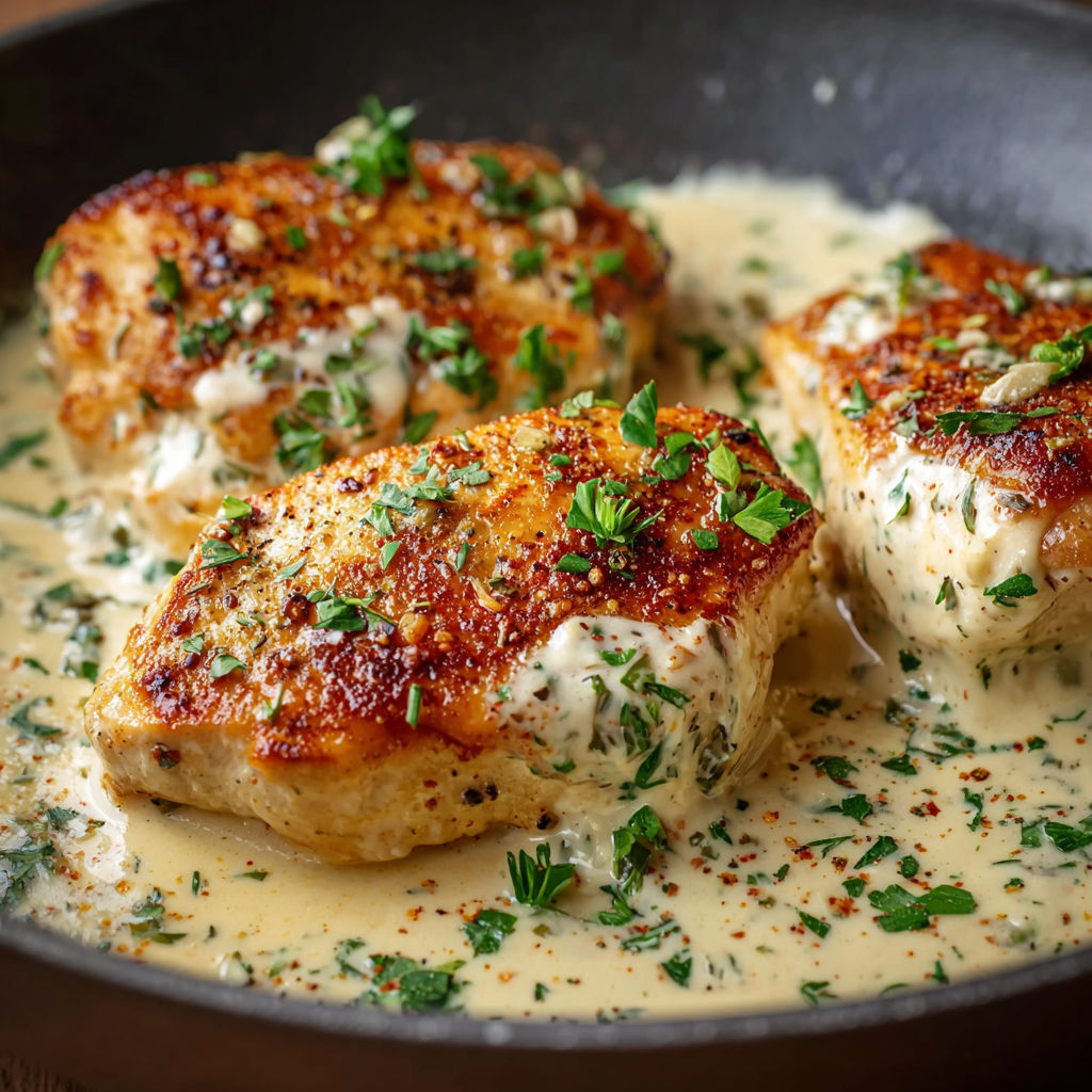 A pan of chicken with sauce and herbs.