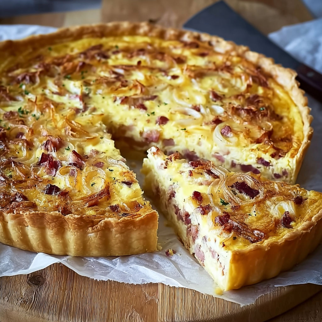A slice of quiche with bacon and onions.