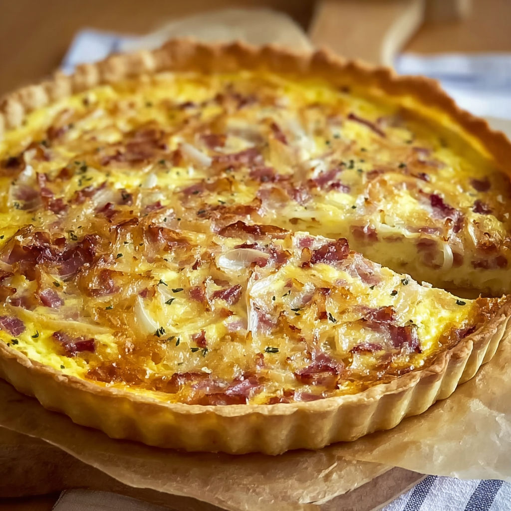 A slice of quiche with bacon and cheese.