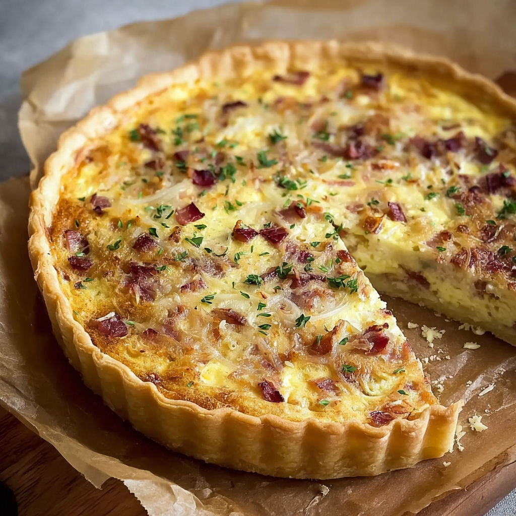 A slice of quiche with bacon and cheese.
