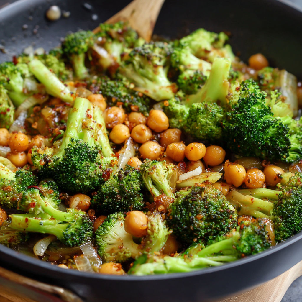 A pan of broccoli and chickpeas.
