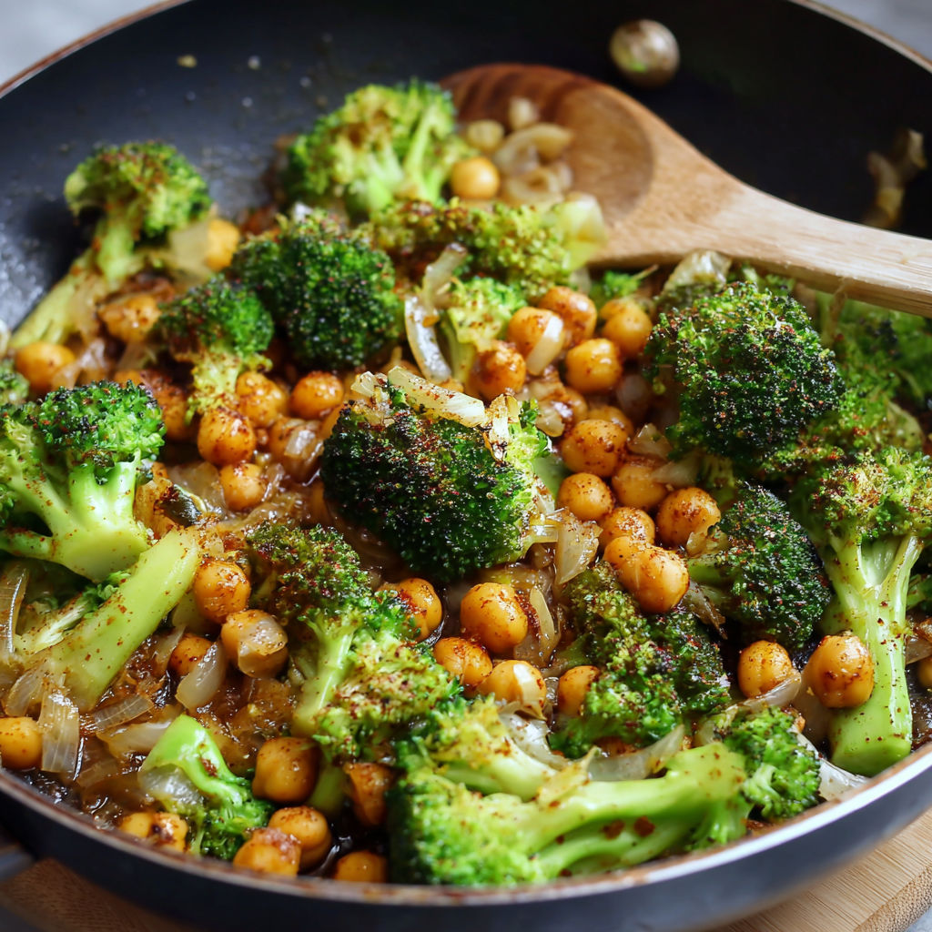A pan of broccoli and chickpeas.