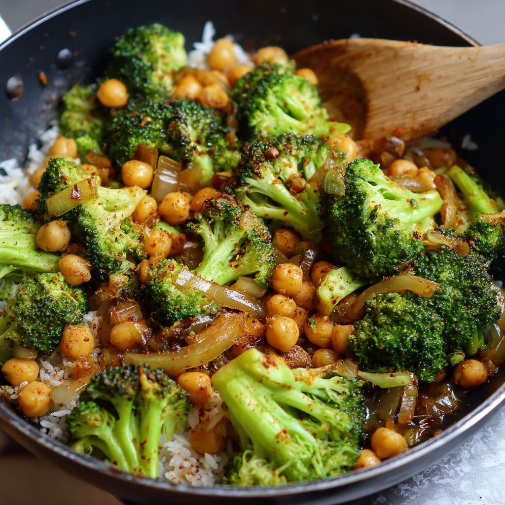 A pan of broccoli and chickpeas.
