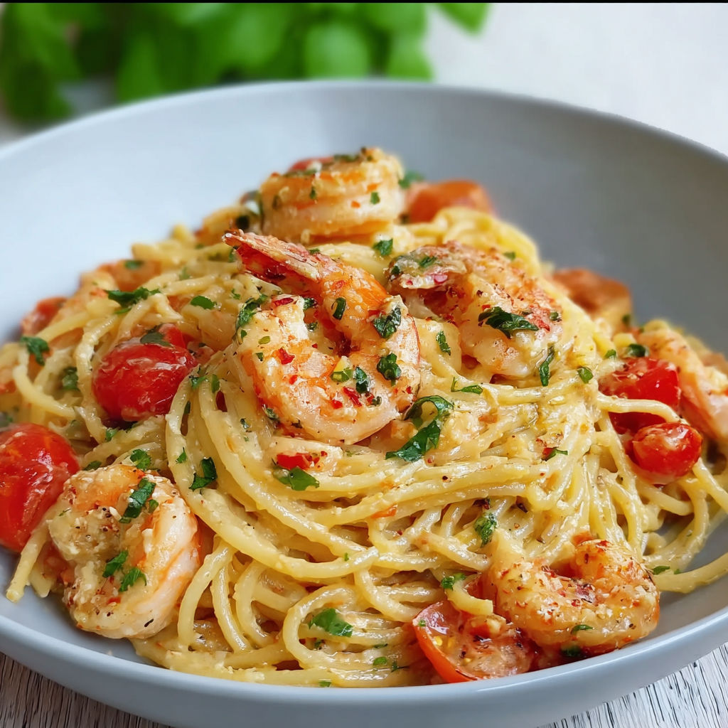 A bowl of spaghetti with shrimp and tomatoes.