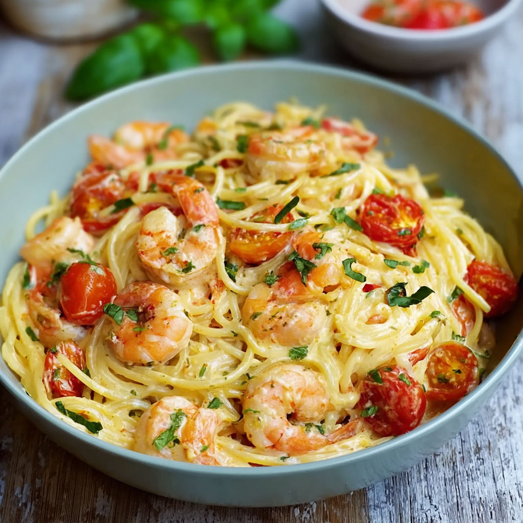 A bowl of spaghetti with shrimp and tomatoes.