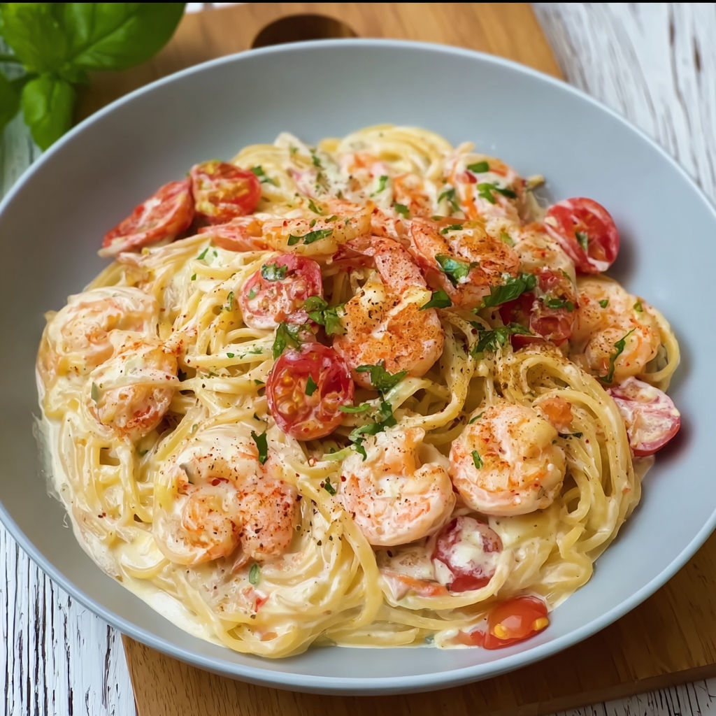 A bowl of spaghetti with shrimp and tomatoes.