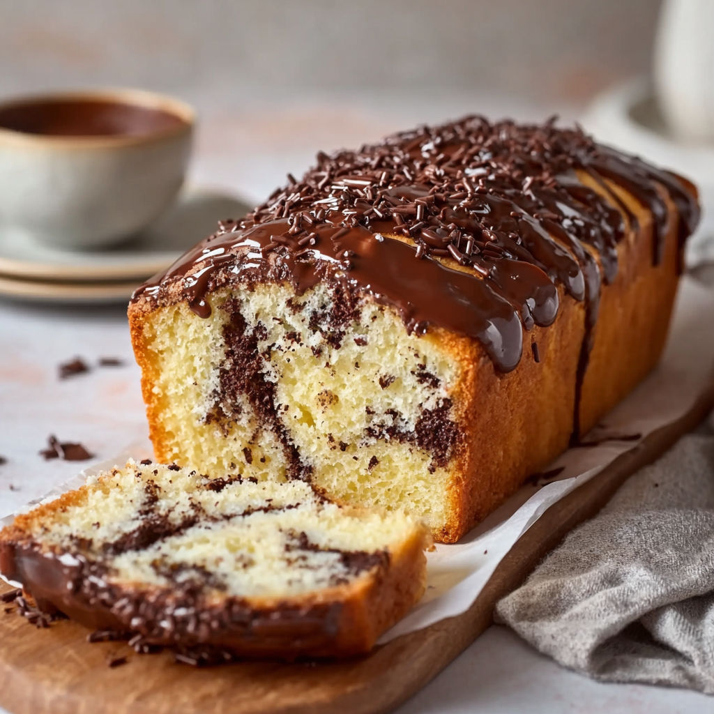A slice of stracciatella cake with chocolate drizzle.