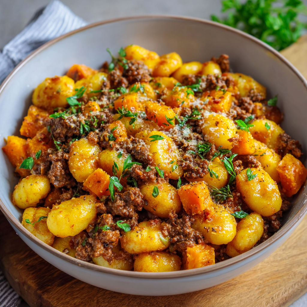 A bowl of gnocchi with meat and pumpkin.