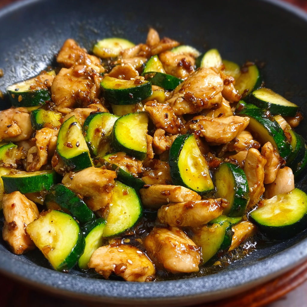 A bowl of chicken and zucchini.