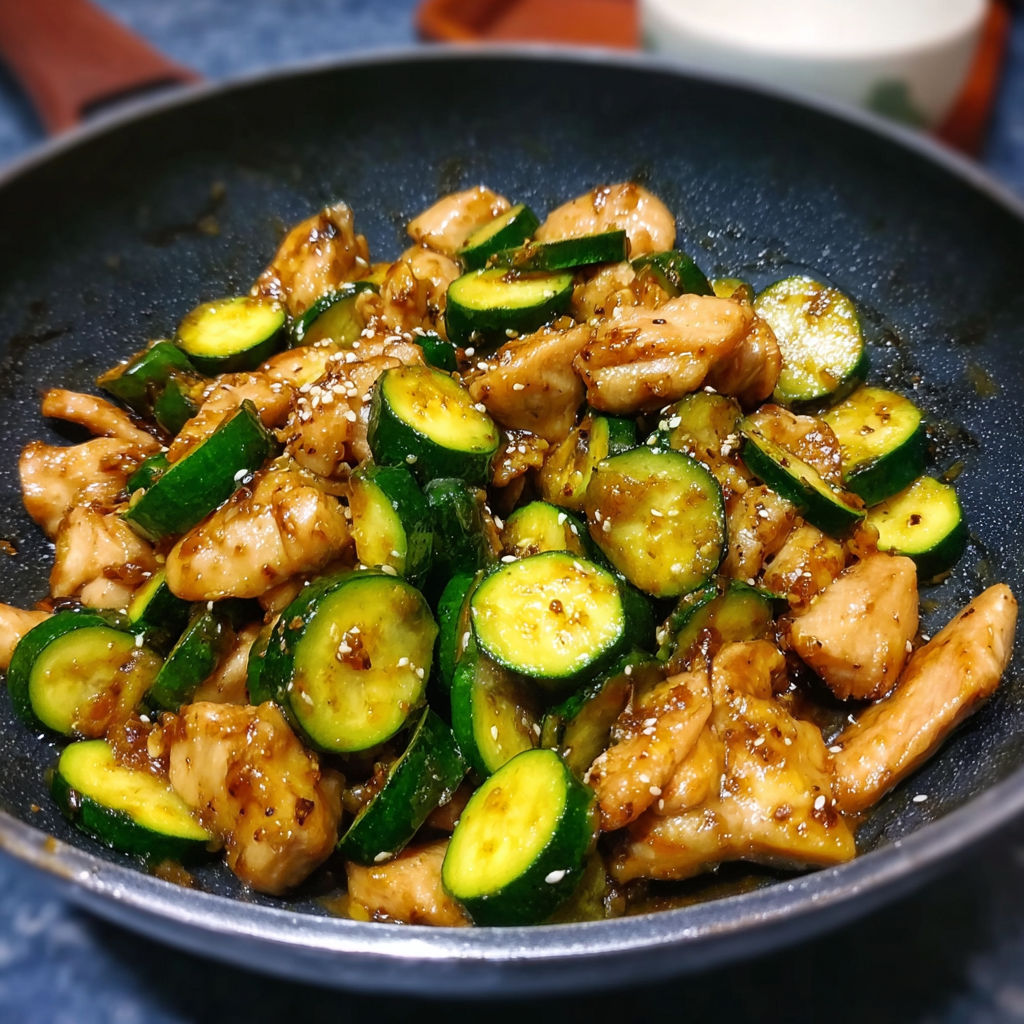 A pan of chicken with zucchini.