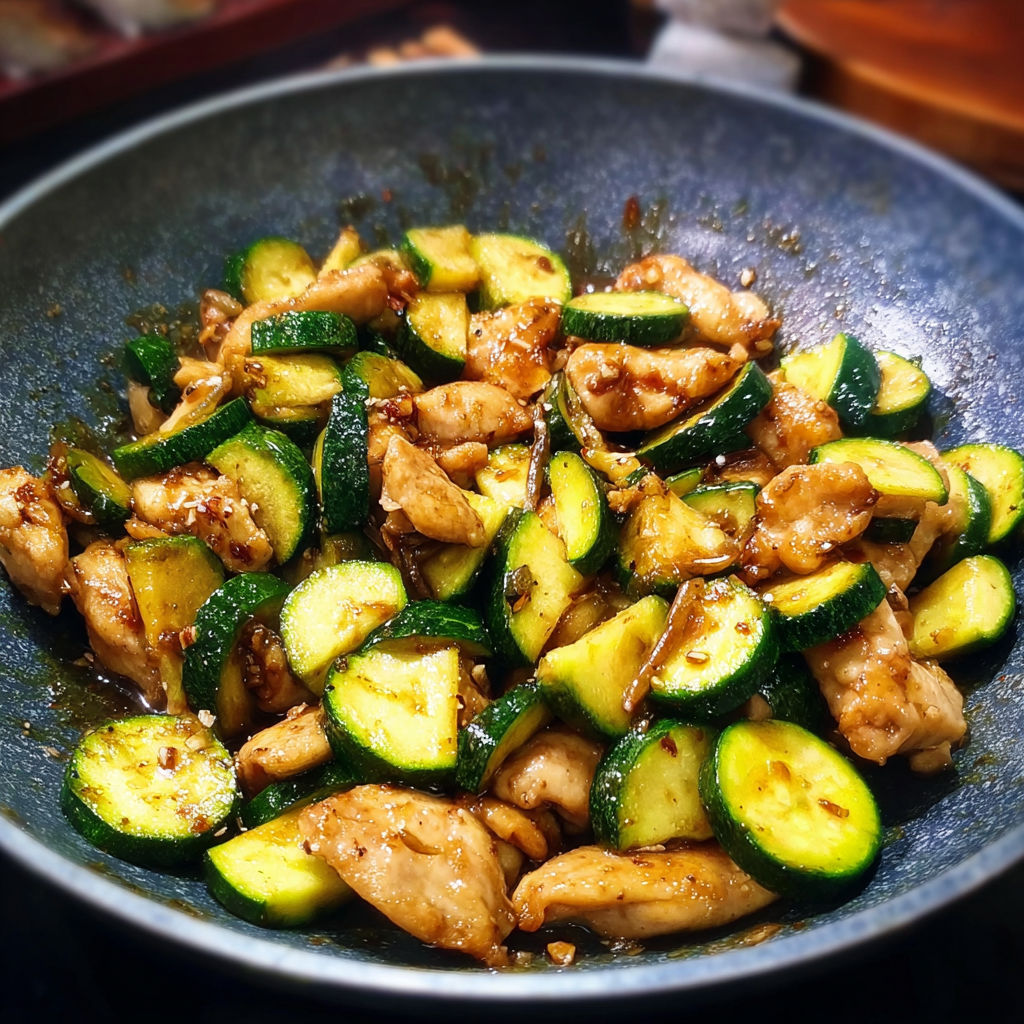 A bowl of chicken and zucchini.
