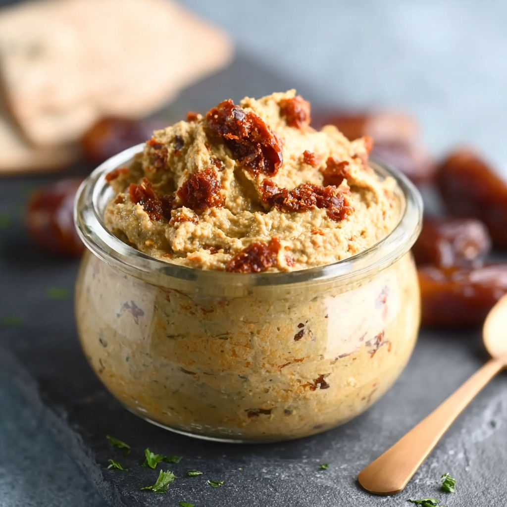 A bowl of hummus with a spoon in it.
