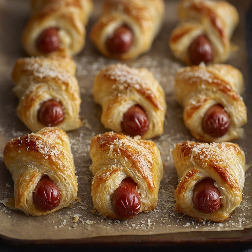 A tray of hot dogs wrapped in dough.