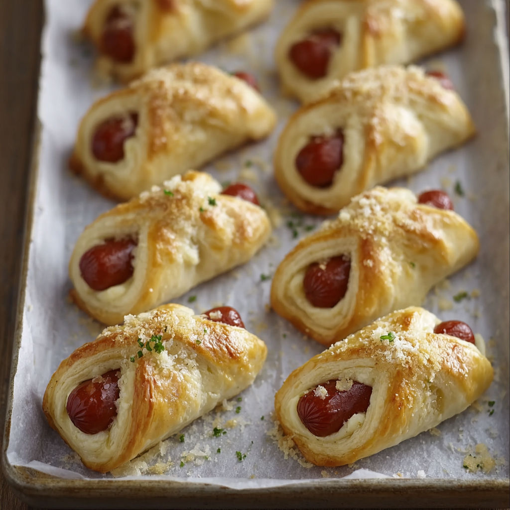 A tray of pastries with hot dogs in them.
