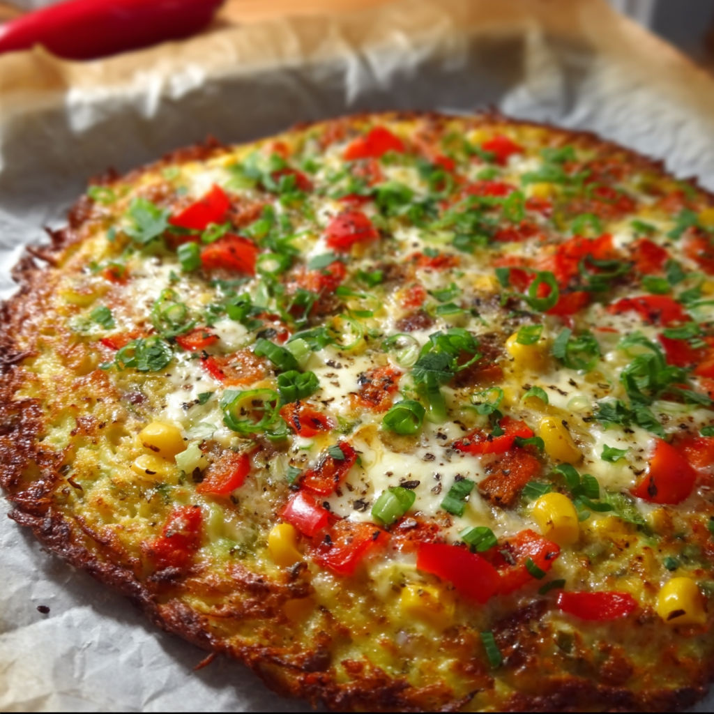 A low carb pizza with vegetables and cheese.