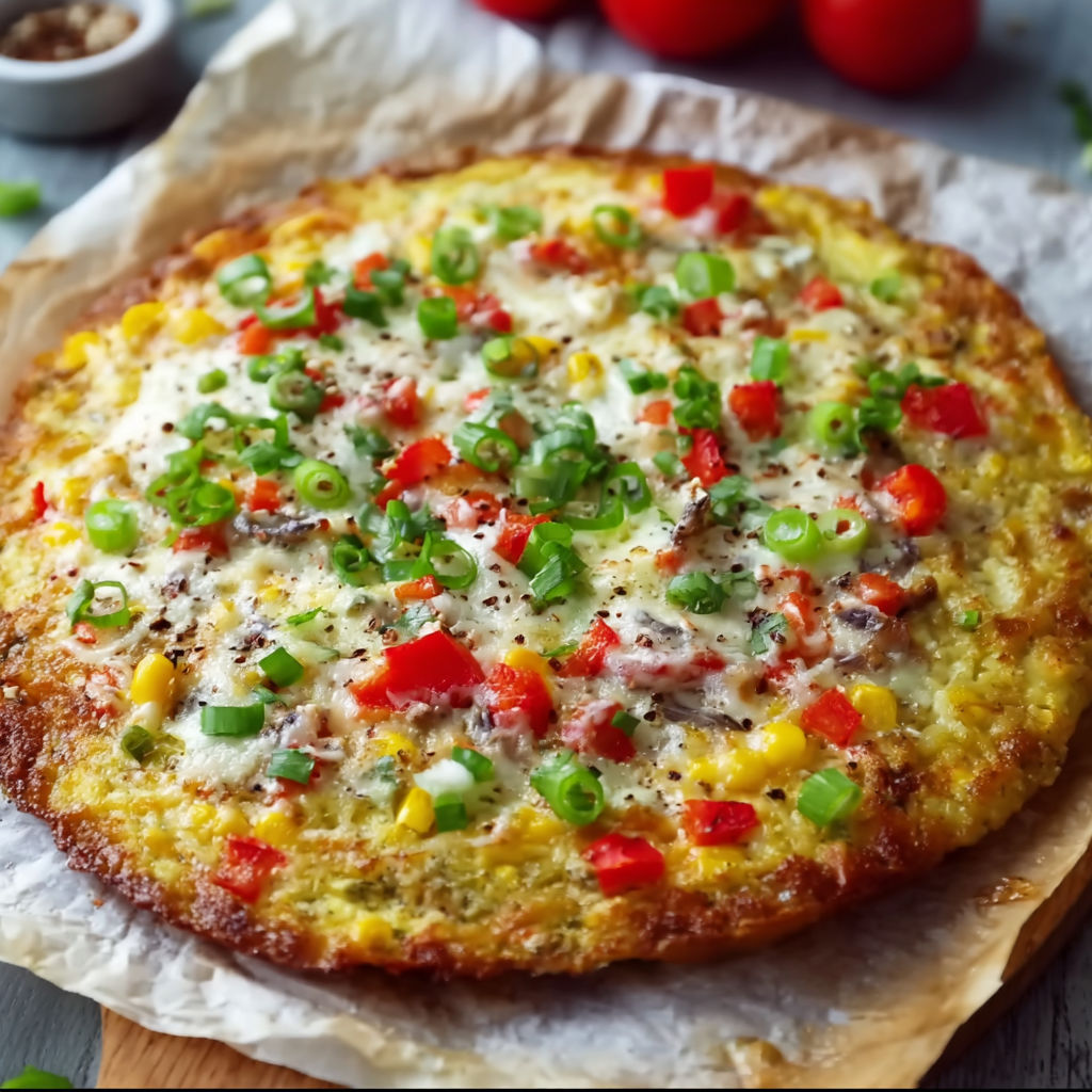 A low carb pizza with vegetables on top.