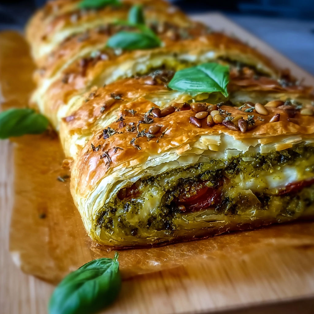A pesto strudel blätterteig is displayed on a wooden board.