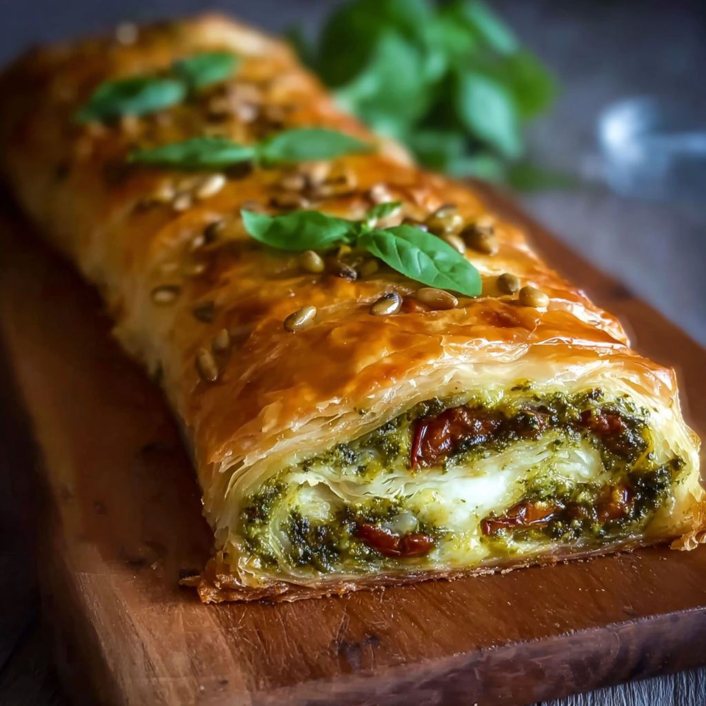 A pesto strudel blätterteig on a wooden cutting board.