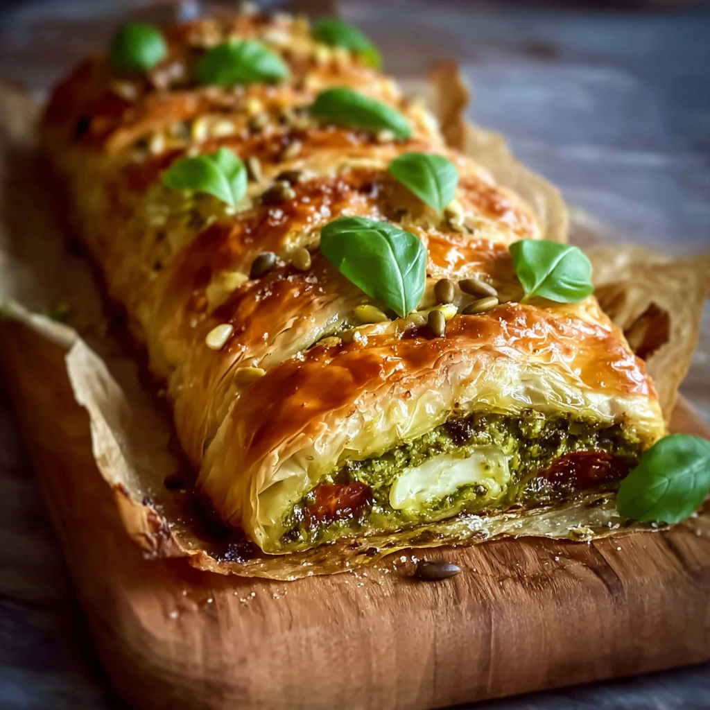 A slice of pesto strudel blätterteig.