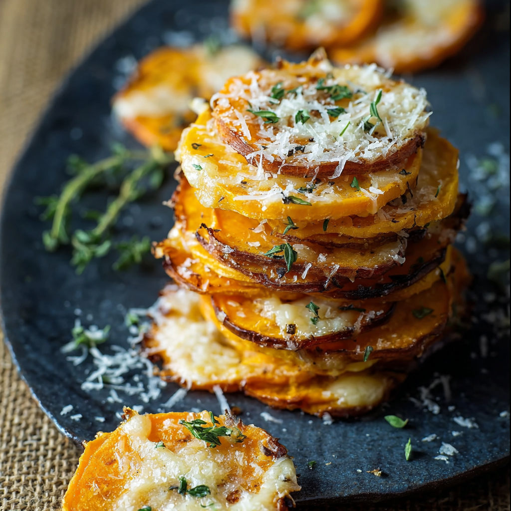 A stack of sweet potato fries with cheese on top.