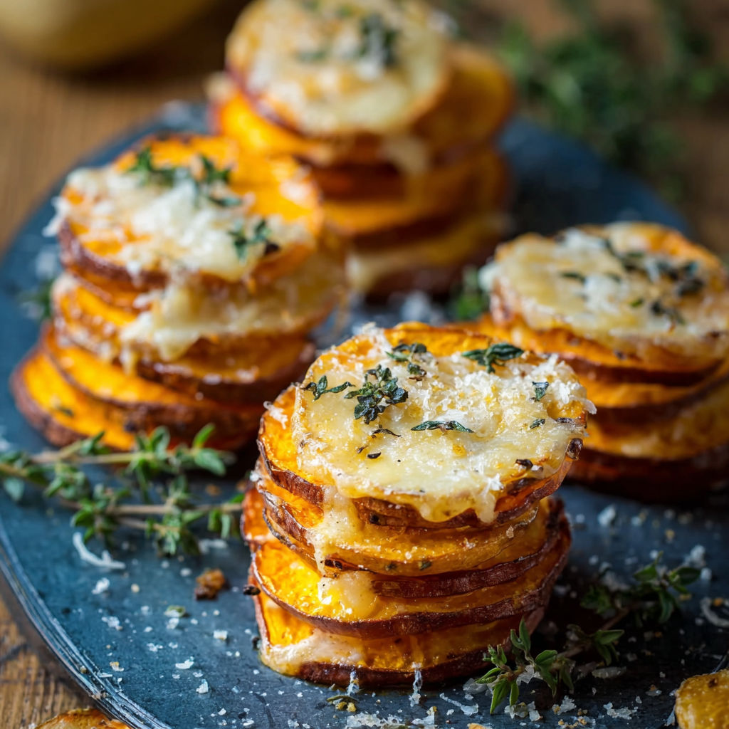 A plate of food with a cheese and potato dish.