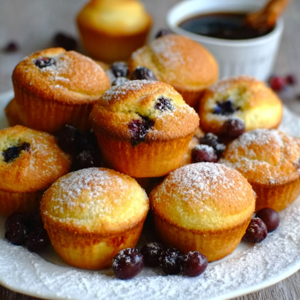 A plate of mini muffins with blueberries on top.