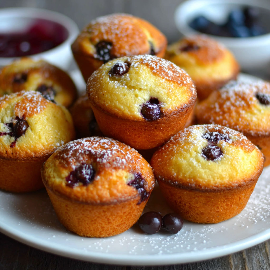 A plate of mini muffins with powdered sugar on top.