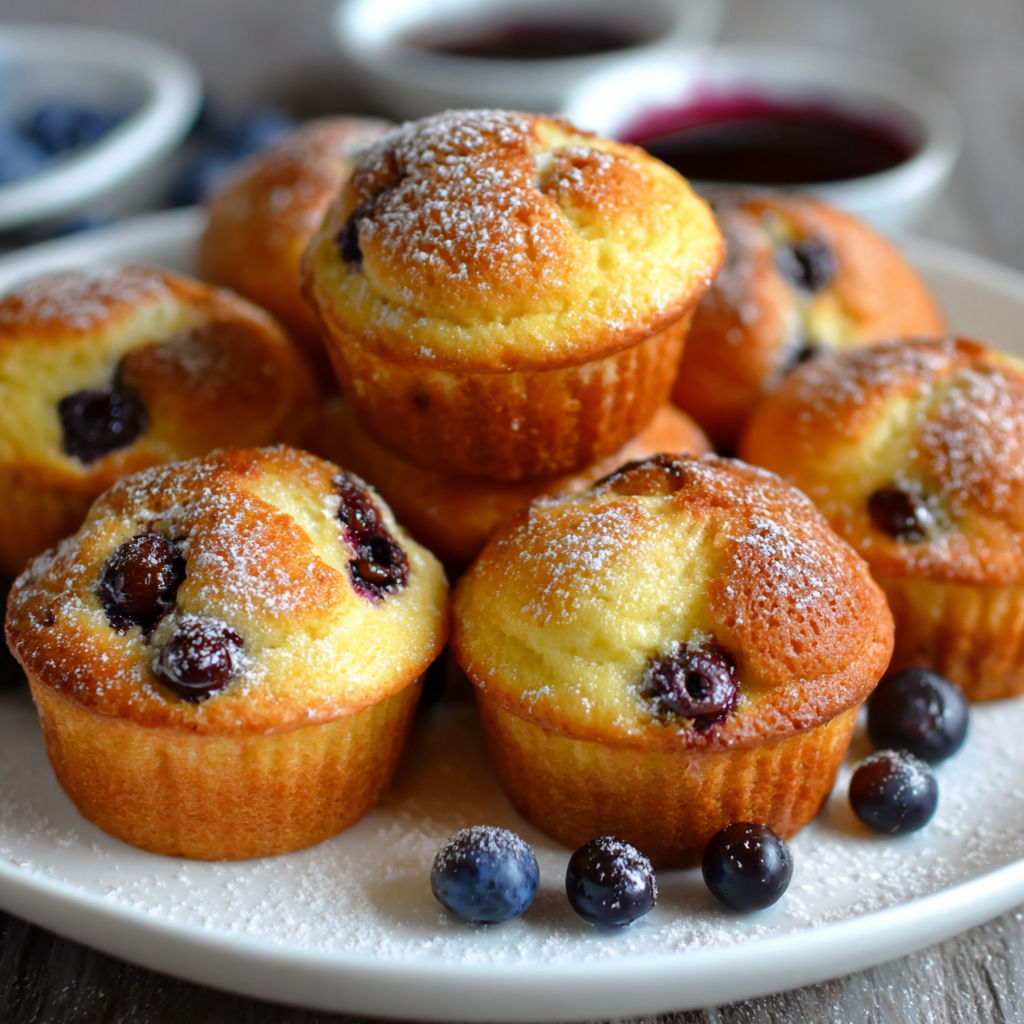 A plate of mini muffins with blueberries on top.