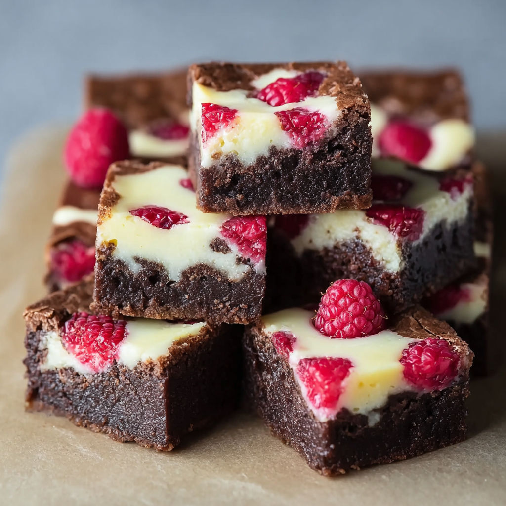 A stack of brownies with white frosting and raspberries on top.