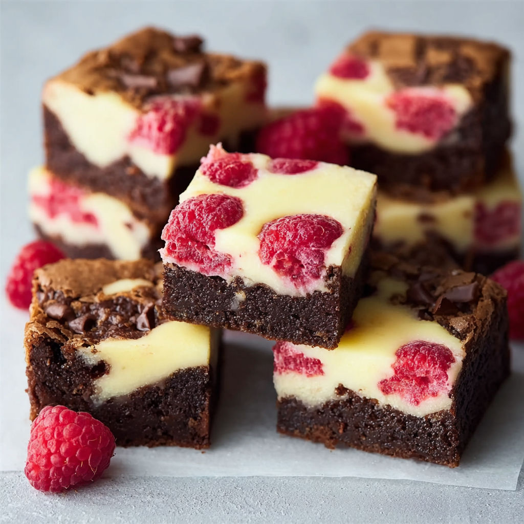 A close up of a chocolate and white dessert with raspberries.