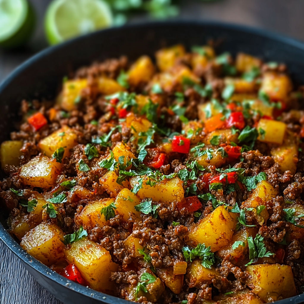 A bowl of Mexican beef and potatoes.