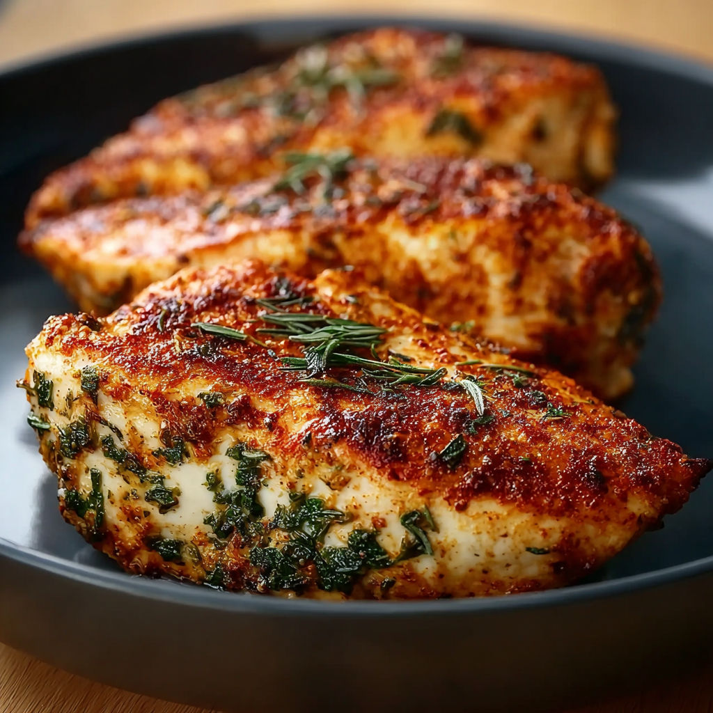 A plate of grilled chicken with herbs on it.