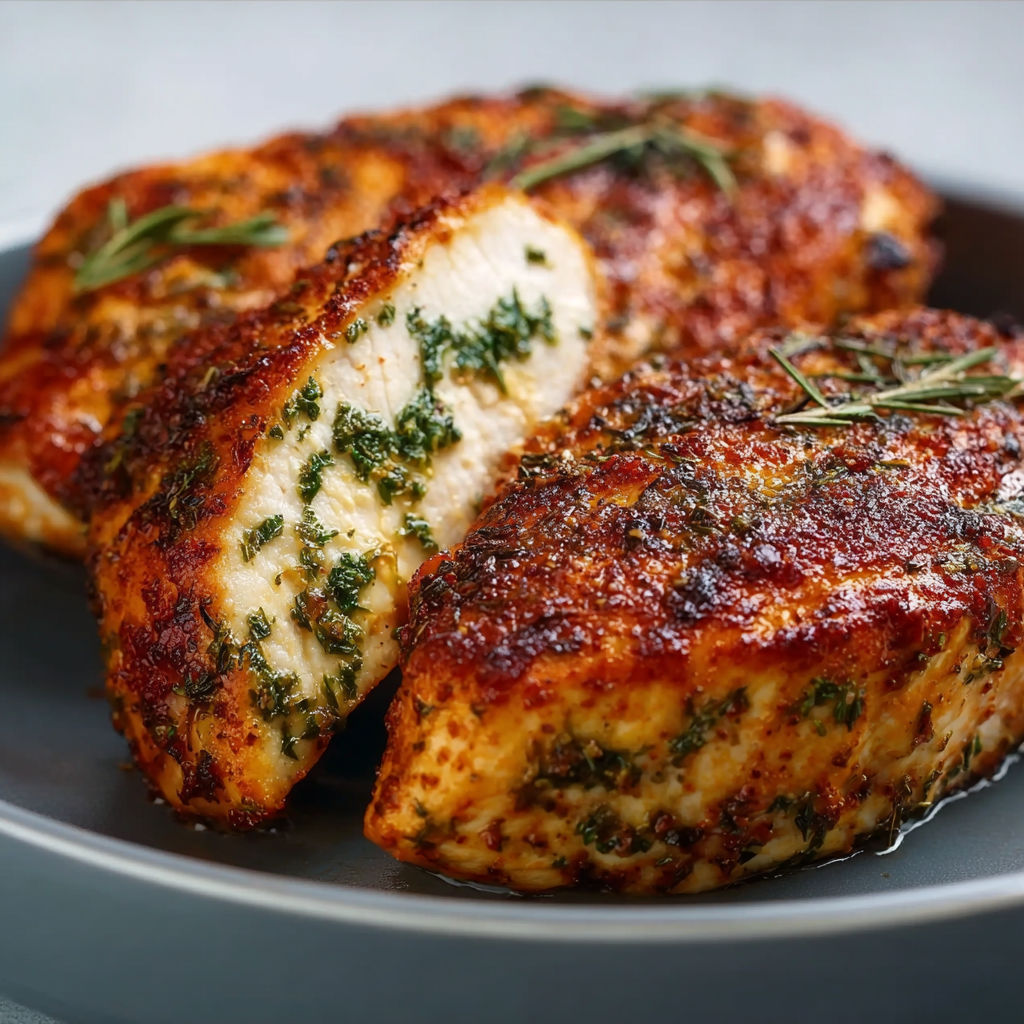A plate of chicken with herbs on it.