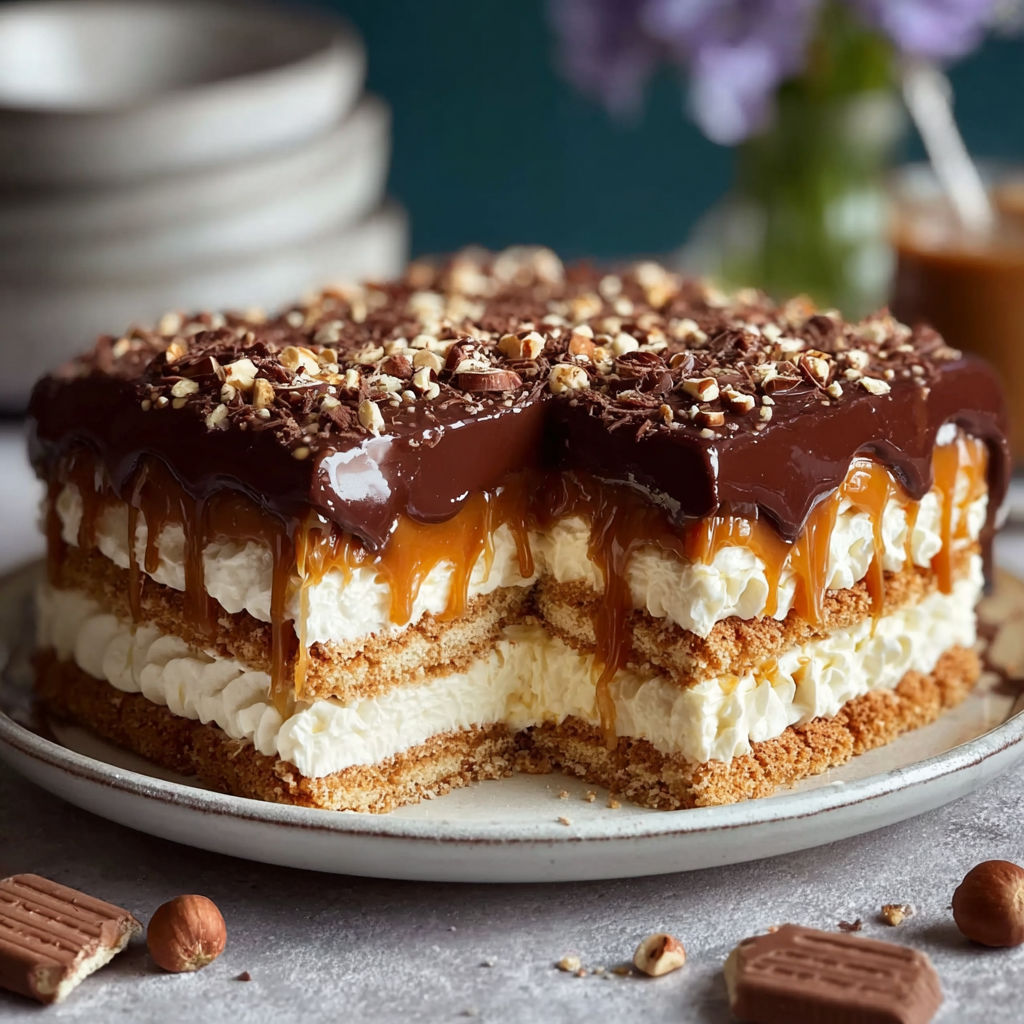 A slice of cake with caramel and nuts.