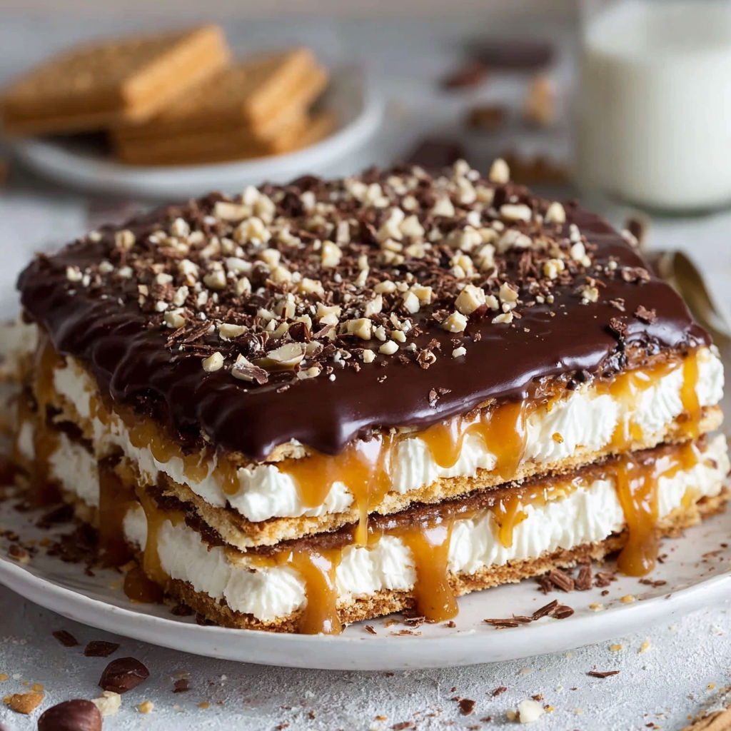 A slice of cake with chocolate and nuts on top.