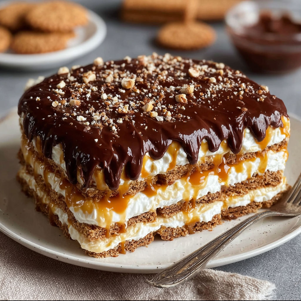 A chocolate cake with caramel drizzle.