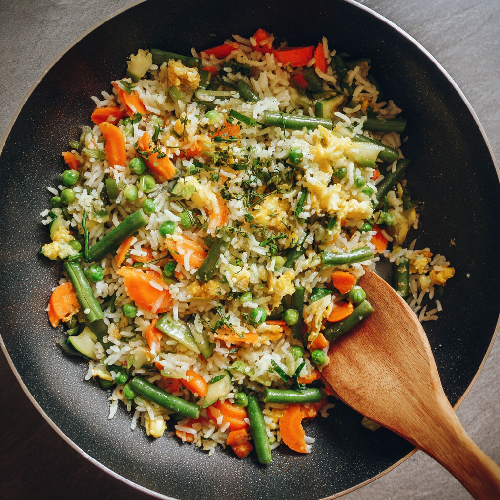 A plate of rice and vegetables.