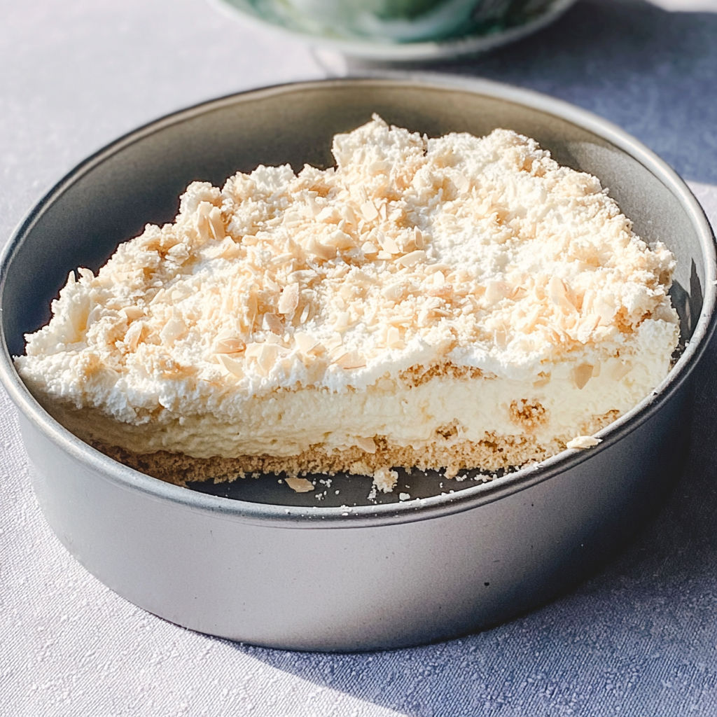 A cream filled pastry with coconut on top.