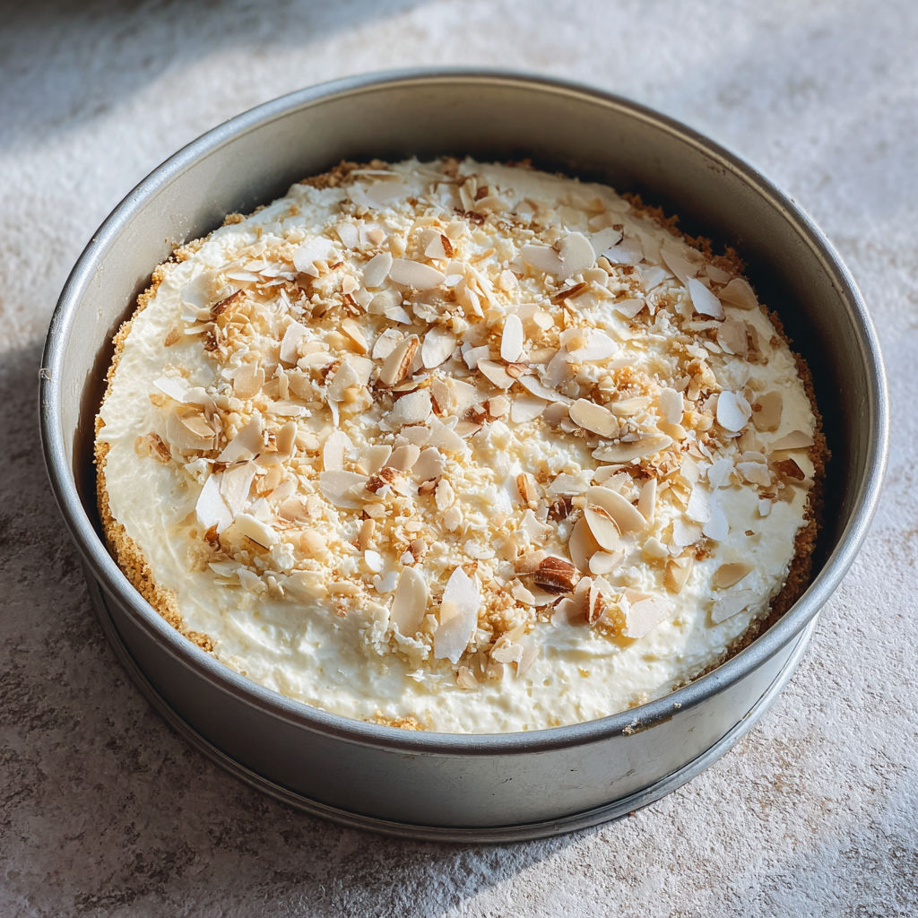 A dessert in a pan with almonds.