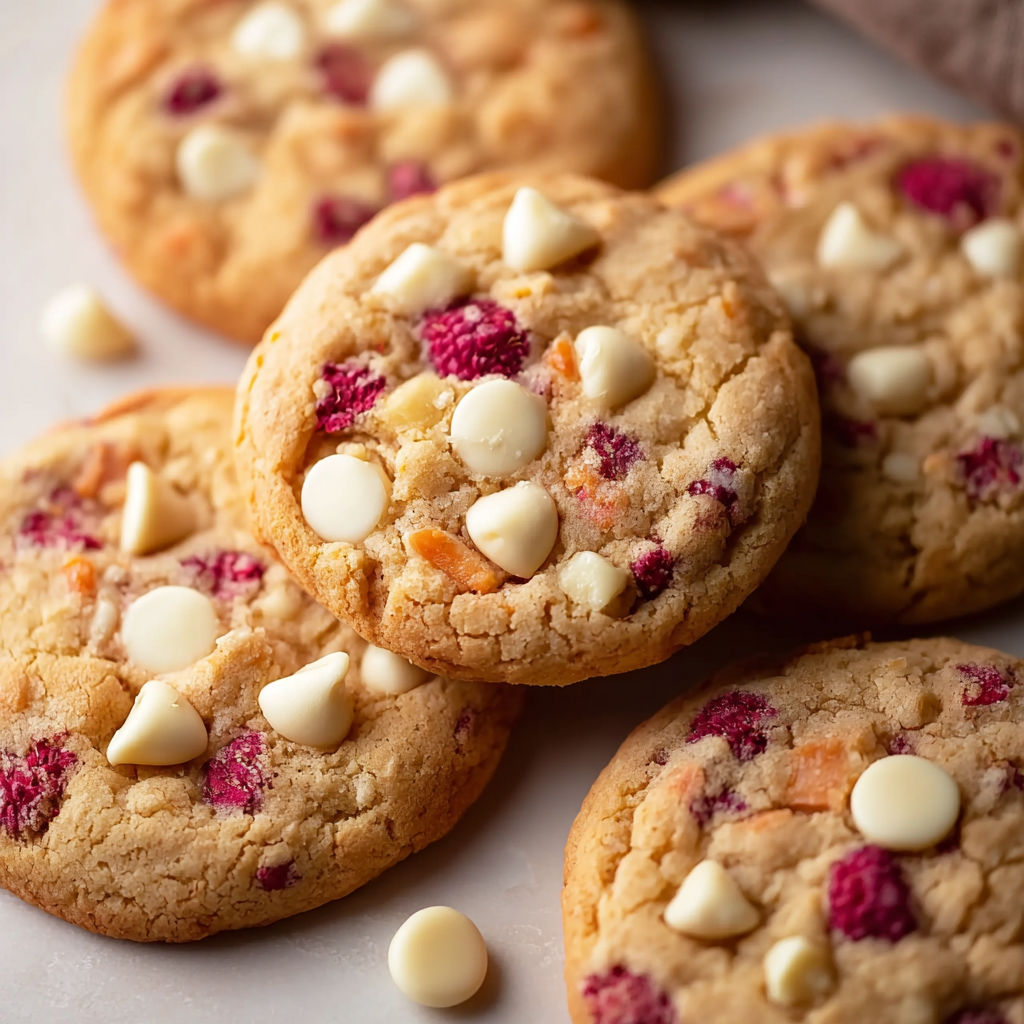 A plate of cookies with white chocolate and raspberries.