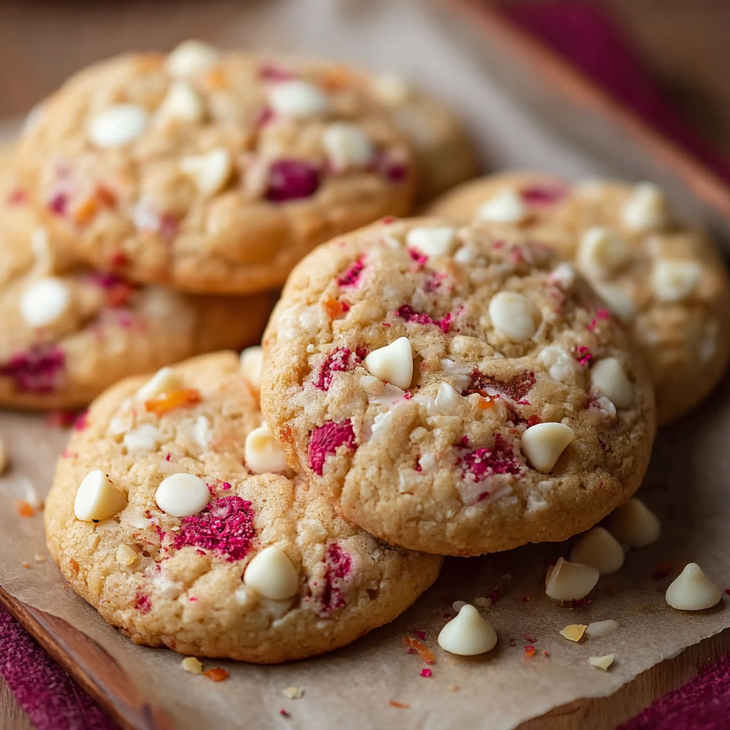 A plate of cookies with white chocolate and red fruit.