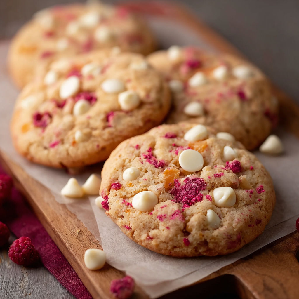 A plate of cookies with white and red toppings.