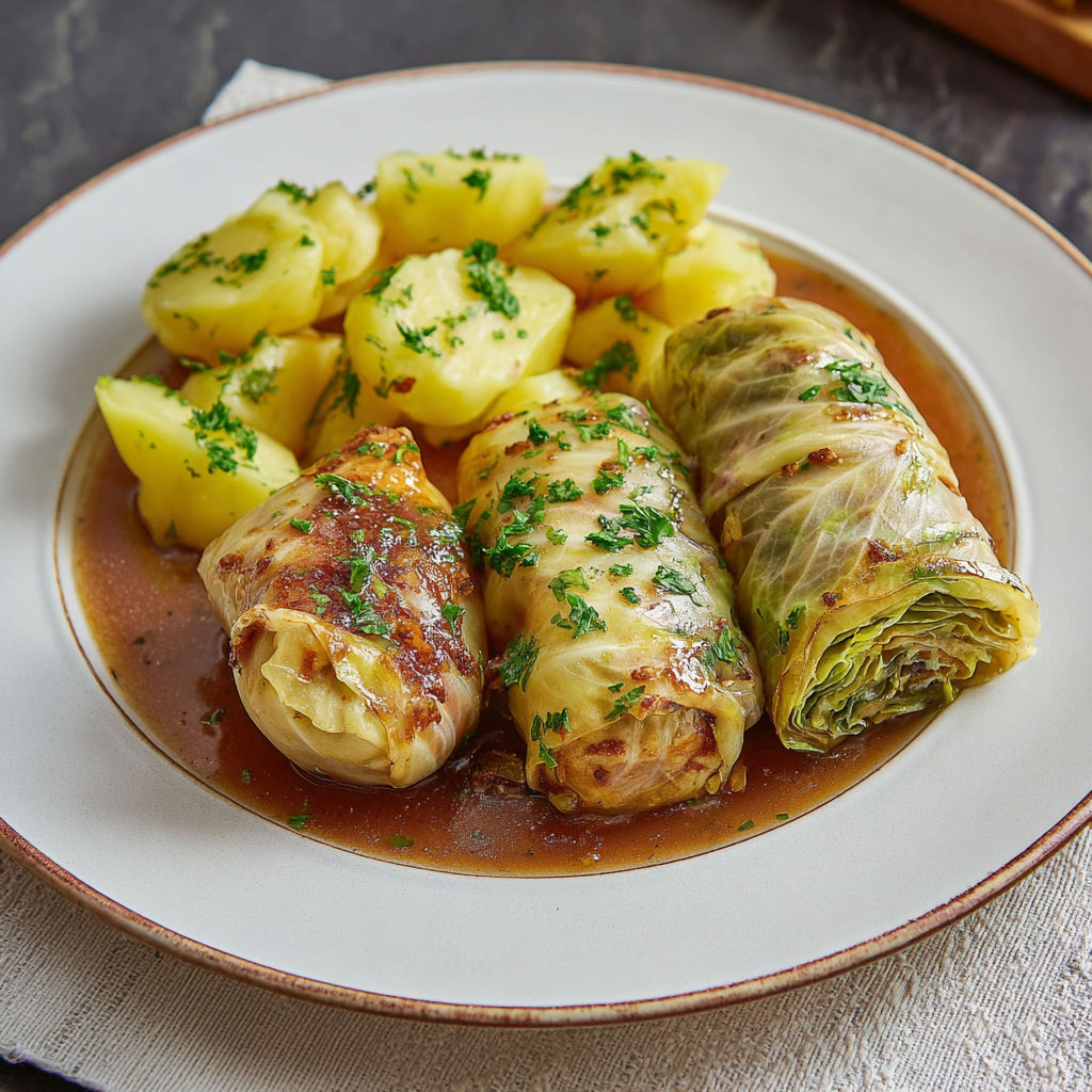 A plate of food with a roll, potatoes, and greens.