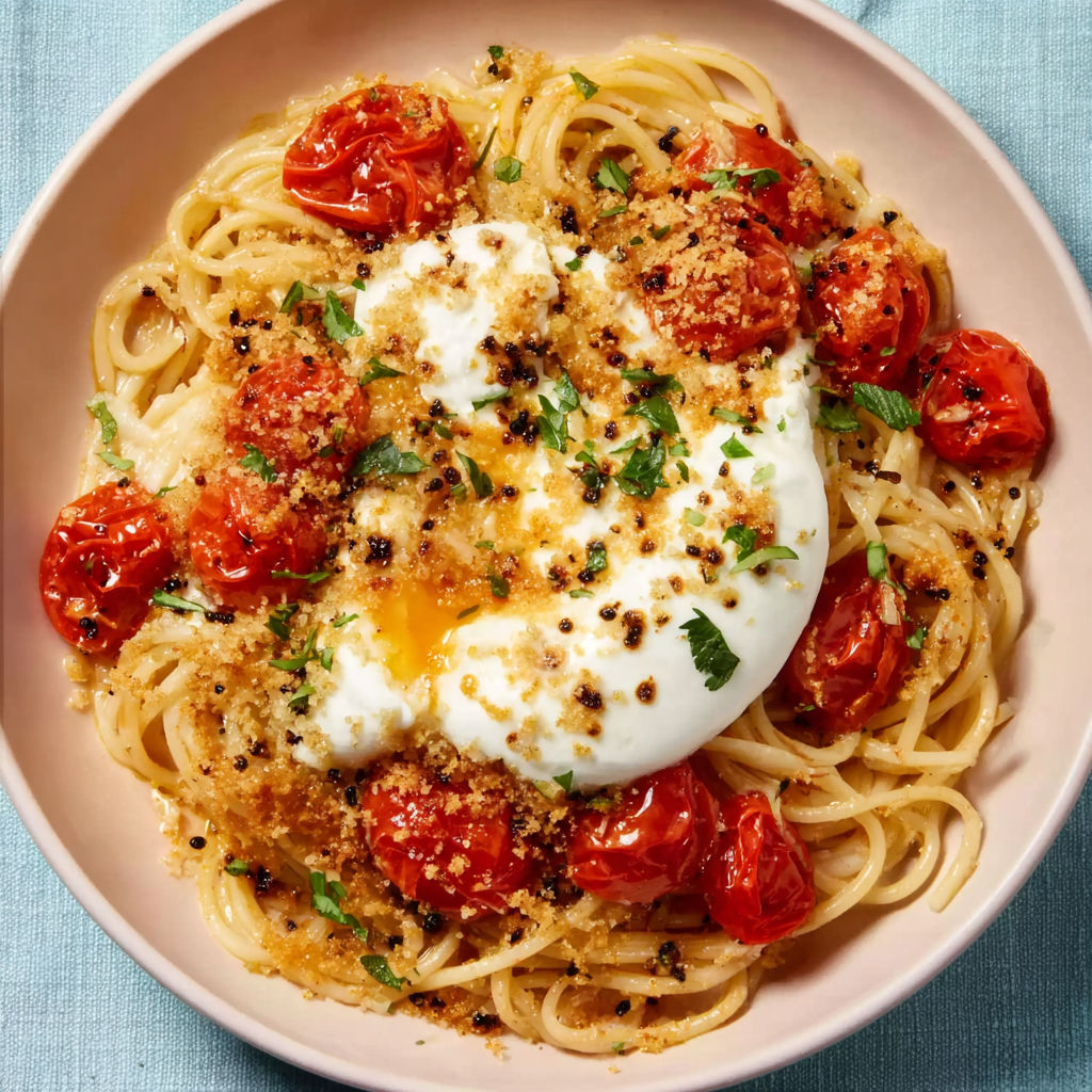 A plate of pasta with tomatoes and cheese.