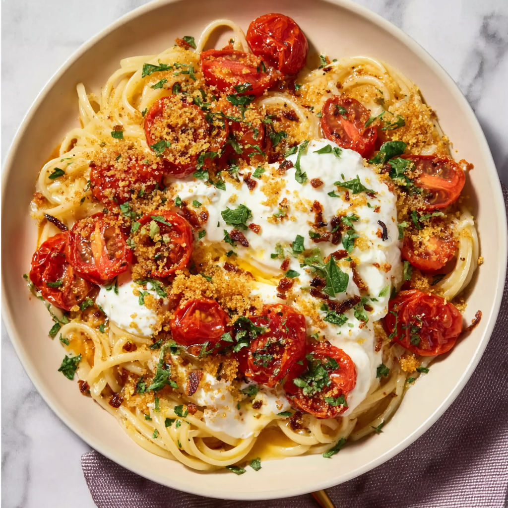 A plate of pasta with tomatoes and cheese.