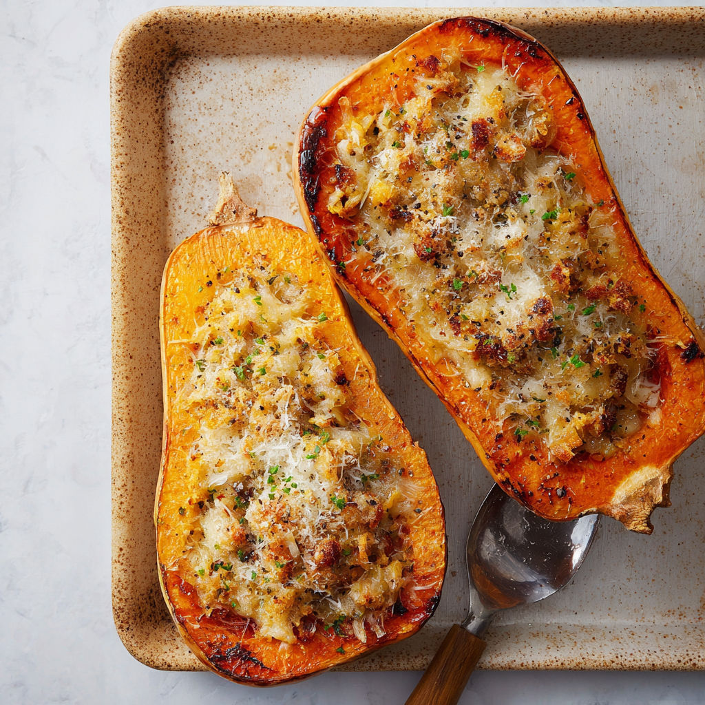Two slices of roasted butternut squash with cheese and herbs.