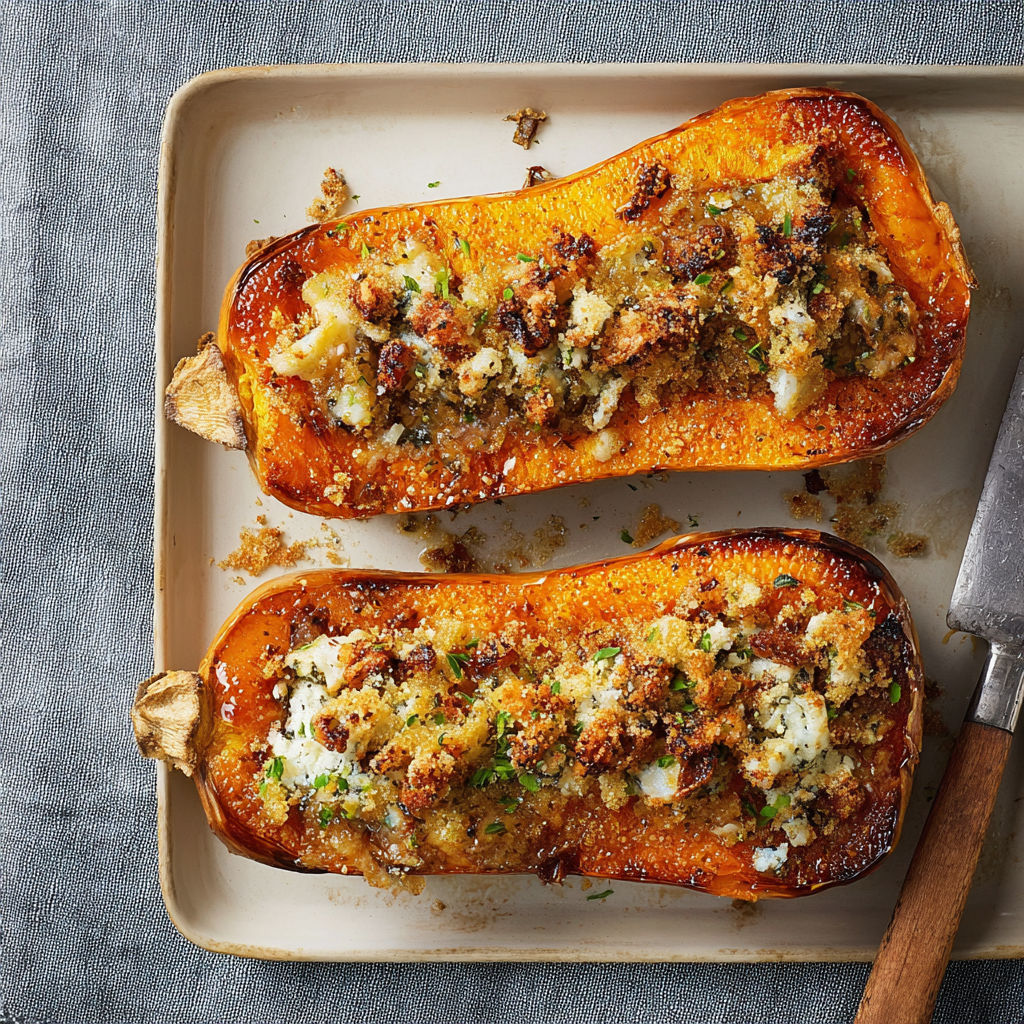 Two sliced up squash with cheese and herbs on top.