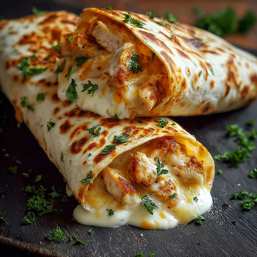Two wraps with cheese and chicken on a table.