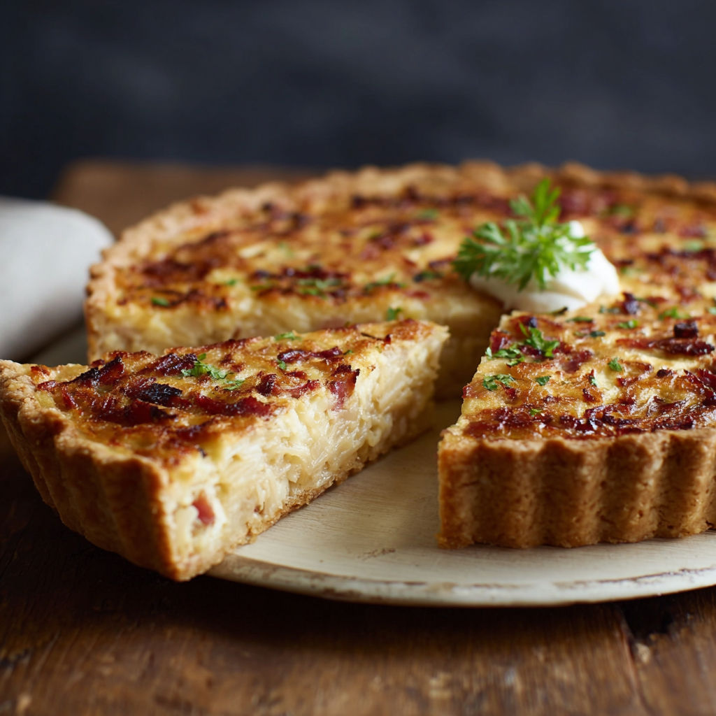 A slice of quiche with sauerkraut, apples and bacon.