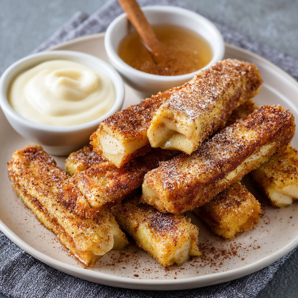 French toast sticks in a bowl with a spoon.